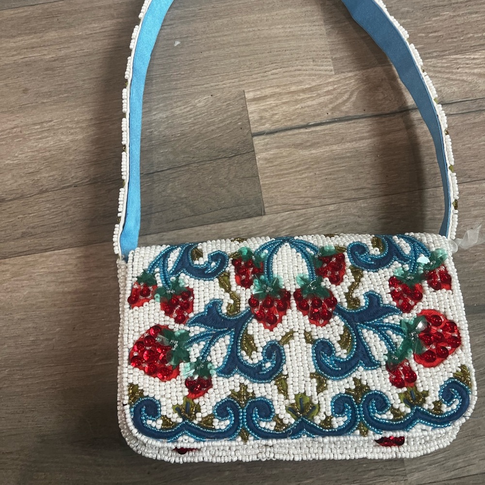 Beaded White Floral Wristlet with Blue Strap